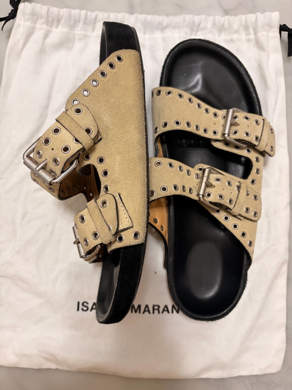 Isabel Marant Beige Eyelet Double-Buckle Slide Sandals 37 fit 6.5-7